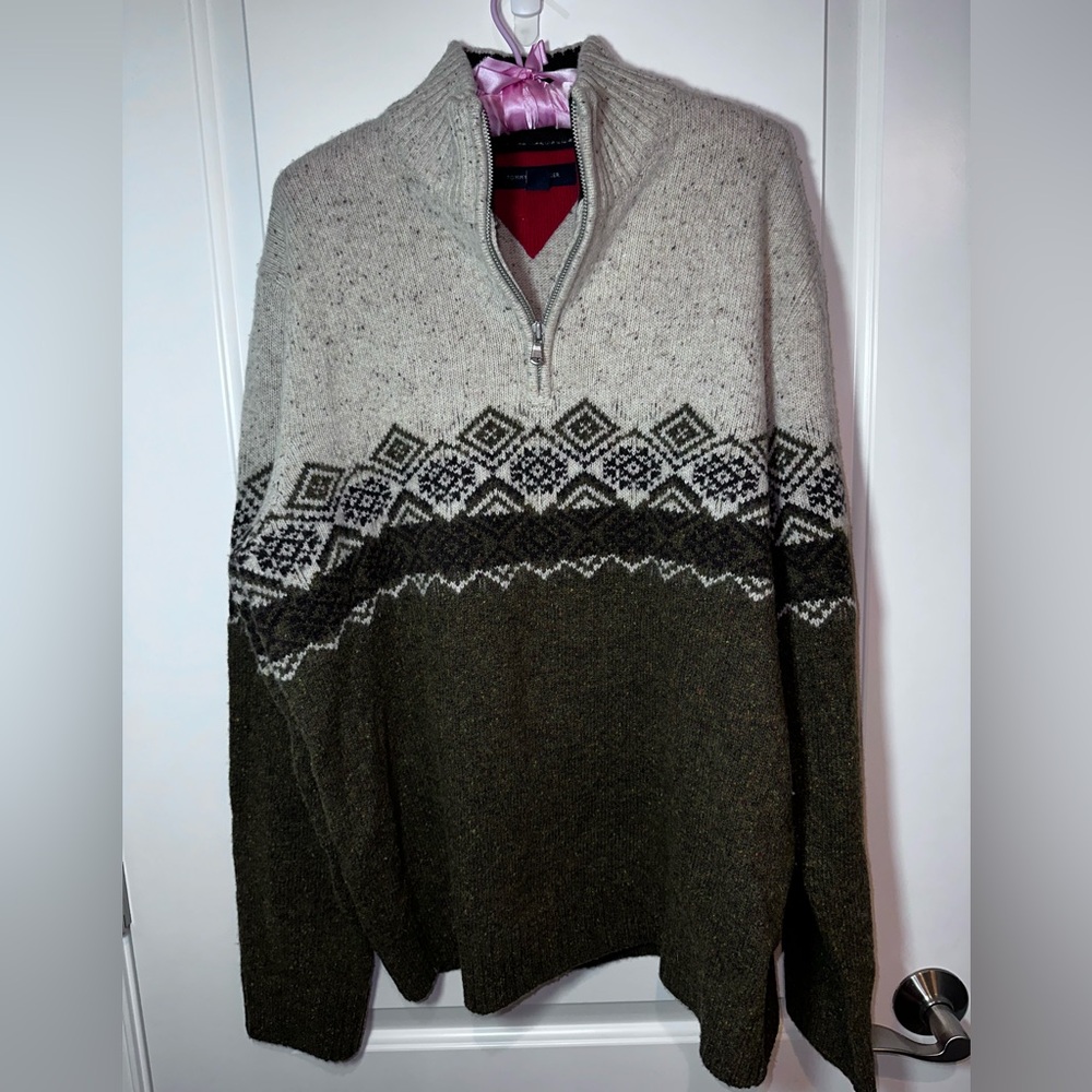 Tommy Hilfiger Dark Academia Fair Isle Half Zip Lambswool Sweater L